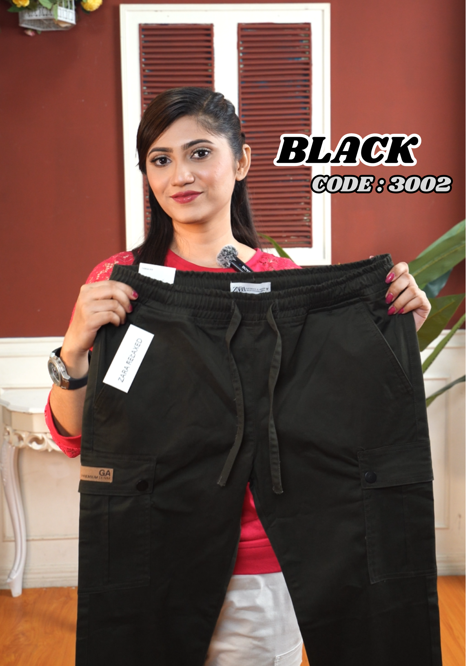 Woman Six Pocket Joggers-( Black ). Code -3002